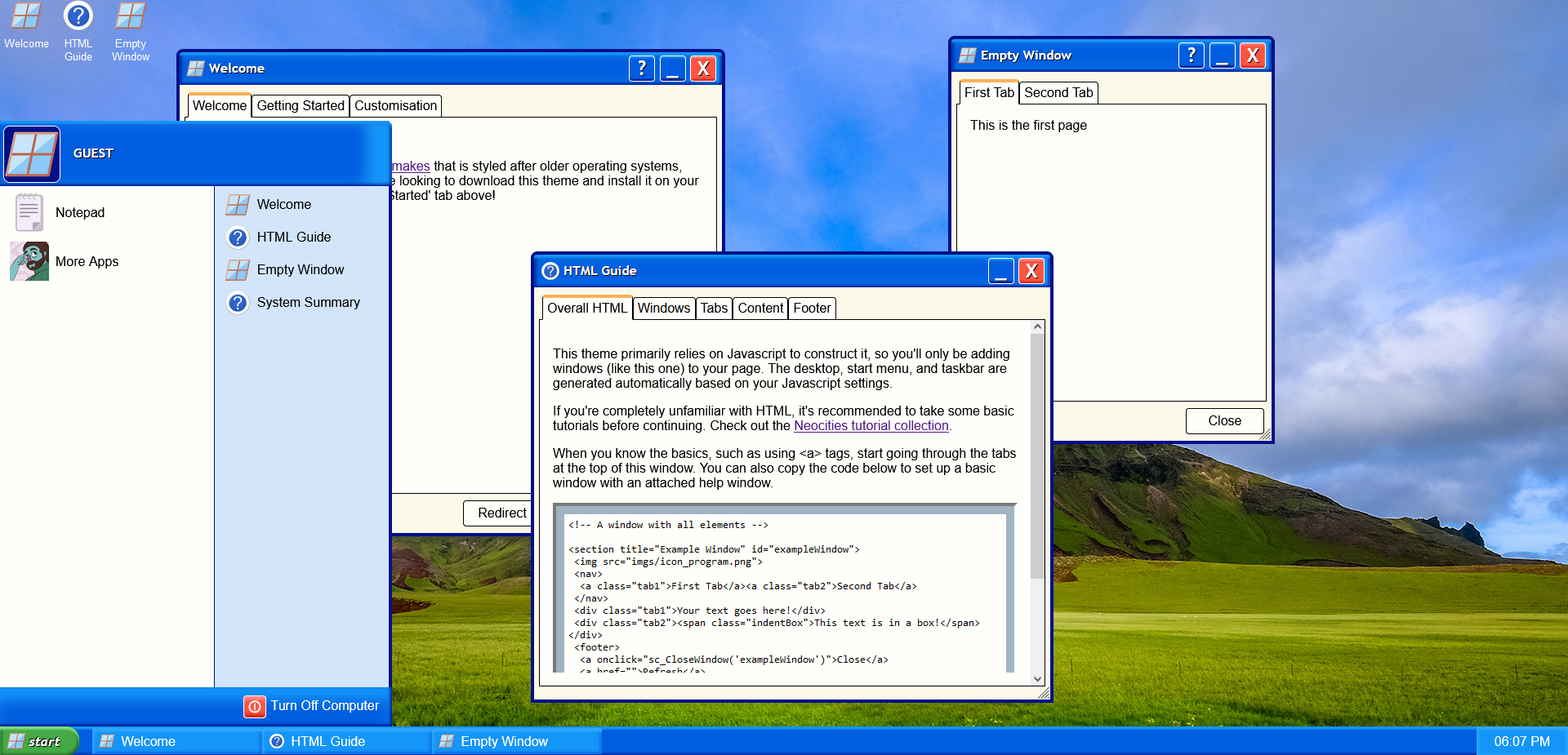 An image showing a preview of the Glasspane Mana theme with various windows and the start menu open.