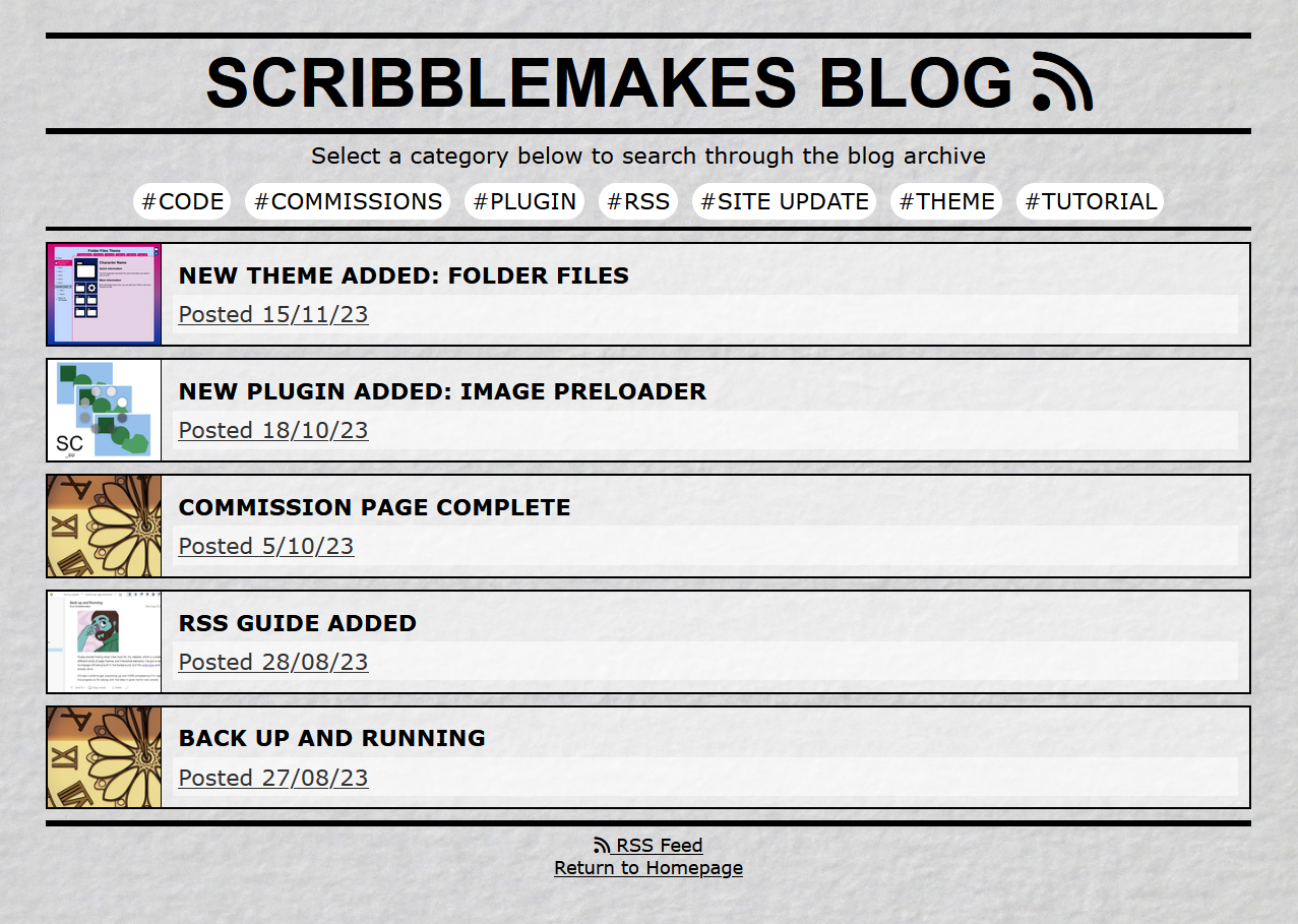 An image showing the Blog Pages Widget being used on Scribblemakes.com